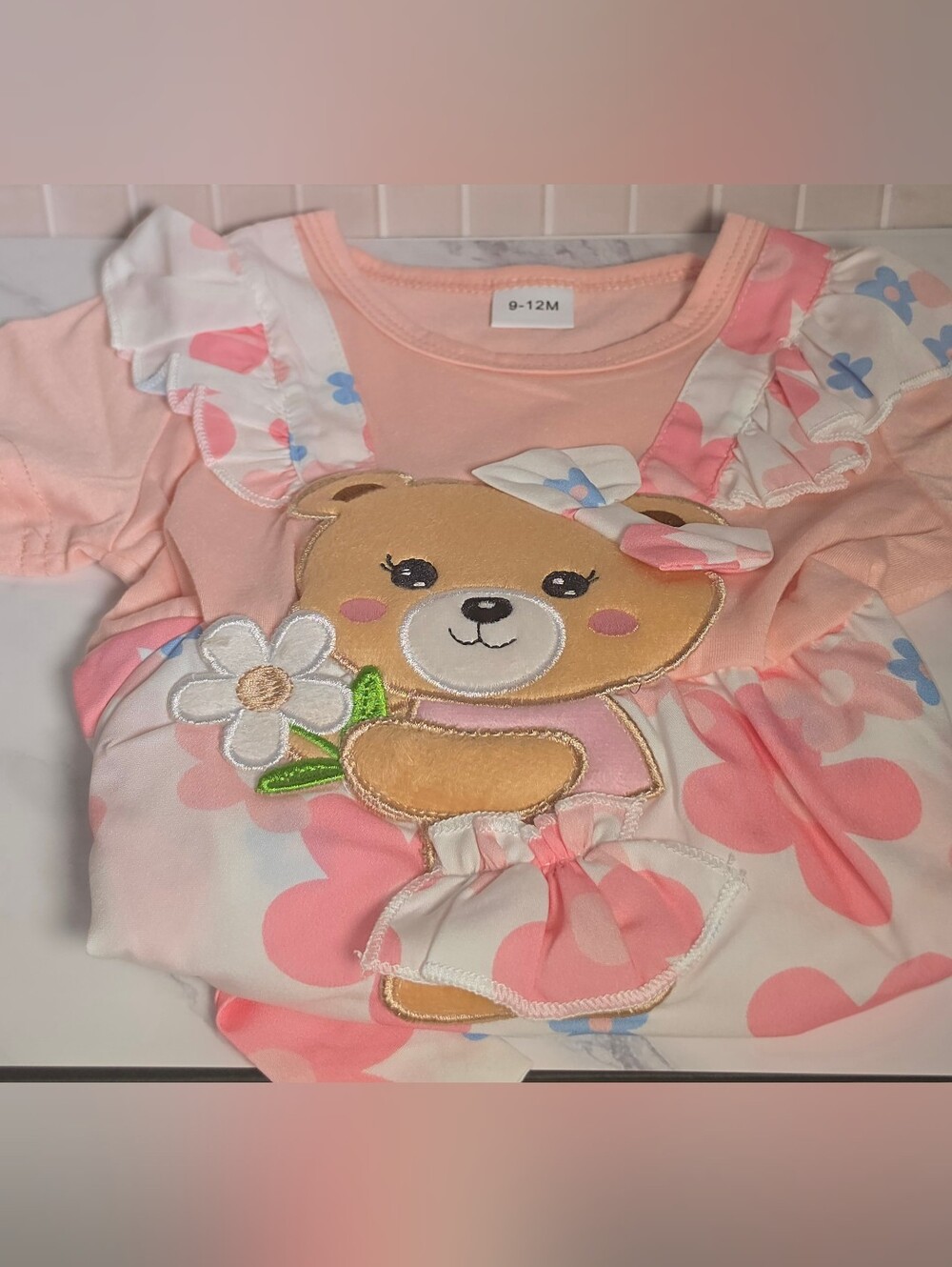 Baby Girl Pink Bear Appliqué Ruffle Top - 9-12M